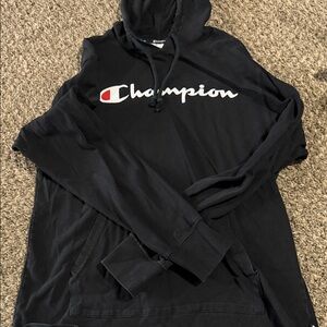 Champion Black Hoodie with White Script and Red Accent